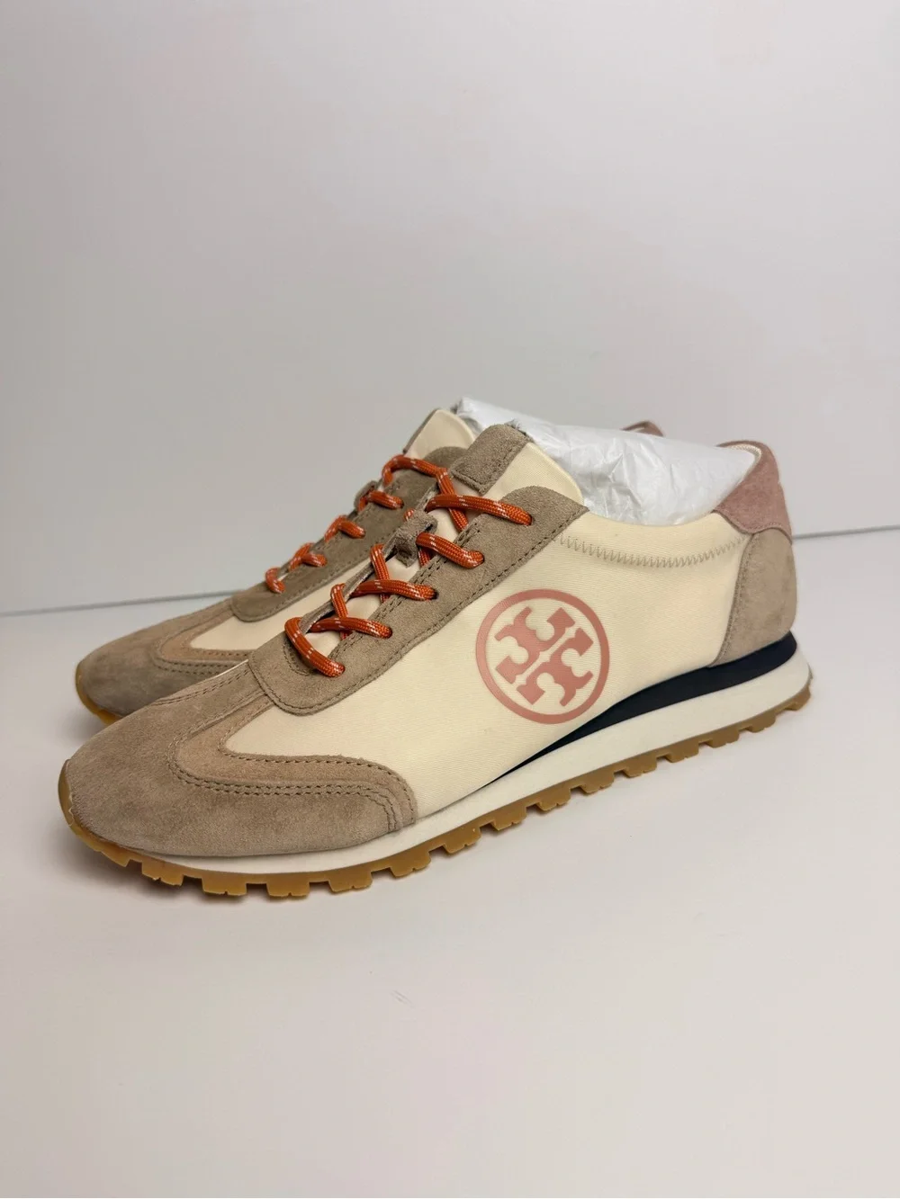 Tory Burch Annie Nylon Runner Sneakers New Cream Noisette Malva Suede US 9